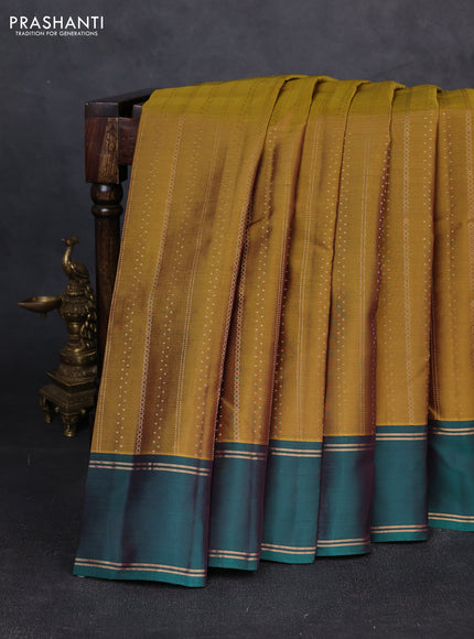 Kanchipuram silk saree mustard green and bottle green with allover zari weaves and rettapet zari woven border