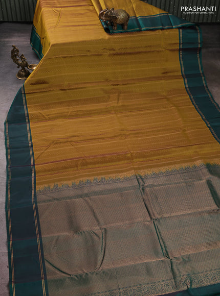 Kanchipuram silk saree mustard green and bottle green with allover zari weaves and rettapet zari woven border