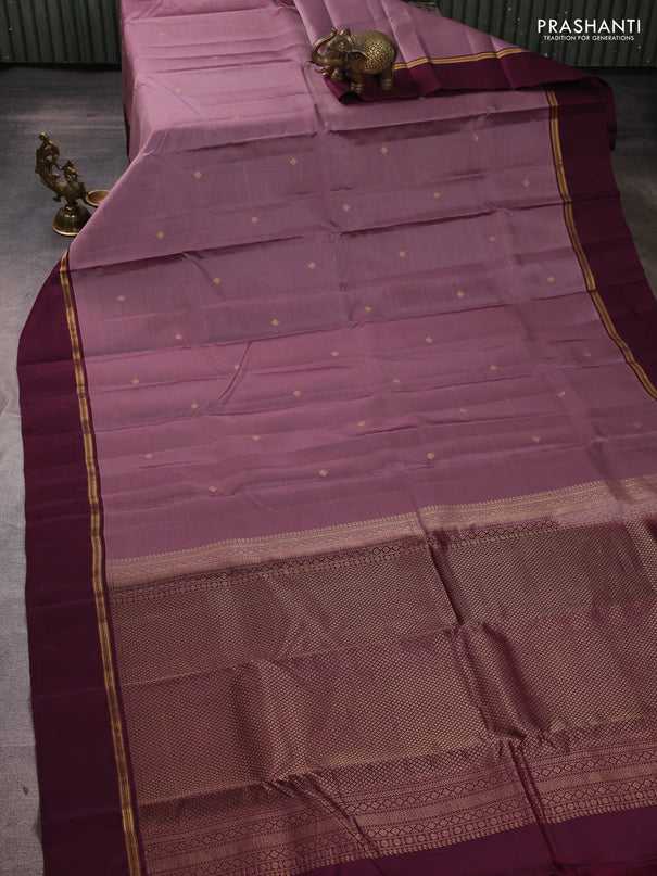Kanchipuram silk saree rosy borwn and wine shade with zari woven buttas and zari woven simple border