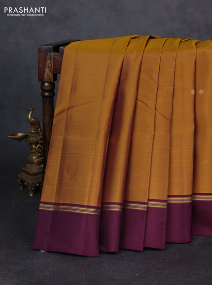 Kanchipuram silk saree mustard yellow and wine shade with zari woven buttas and zari woven simple border