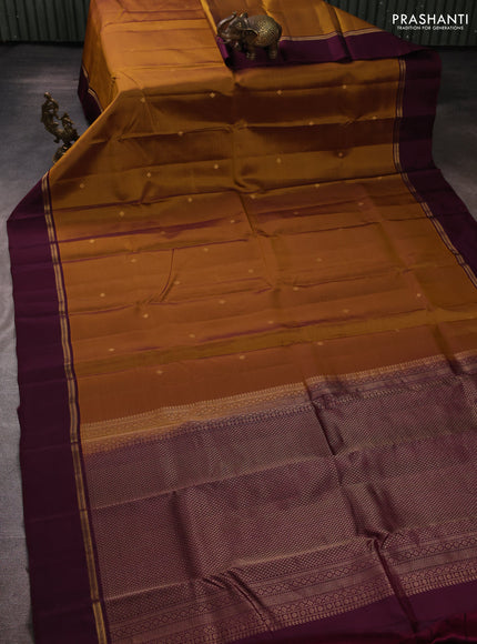 Kanchipuram silk saree mustard yellow and wine shade with zari woven buttas and zari woven simple border