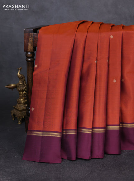 Kanchipuram silk saree rust shade and wine shade with allover zari woven buttas and zari woven simple border