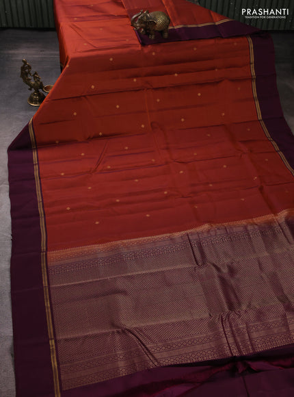 Kanchipuram silk saree rust shade and wine shade with allover zari woven buttas and zari woven simple border