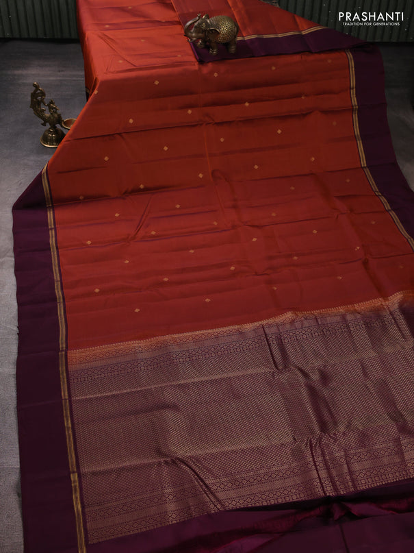 Kanchipuram silk saree rust shade and wine shade with allover zari woven buttas and zari woven simple border
