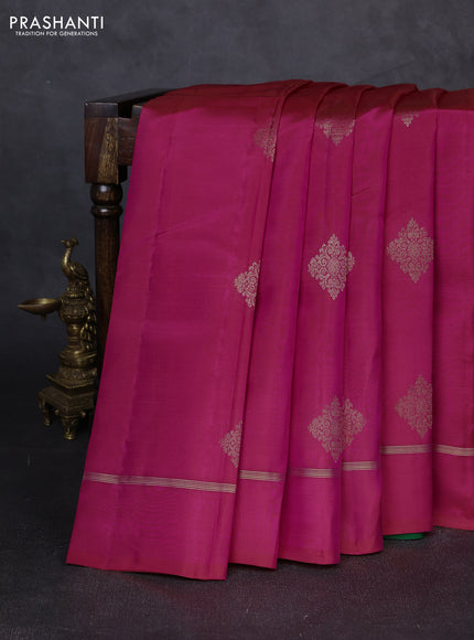 Kanchipuram silk saree pink and green with zari woven buttas in borderless style