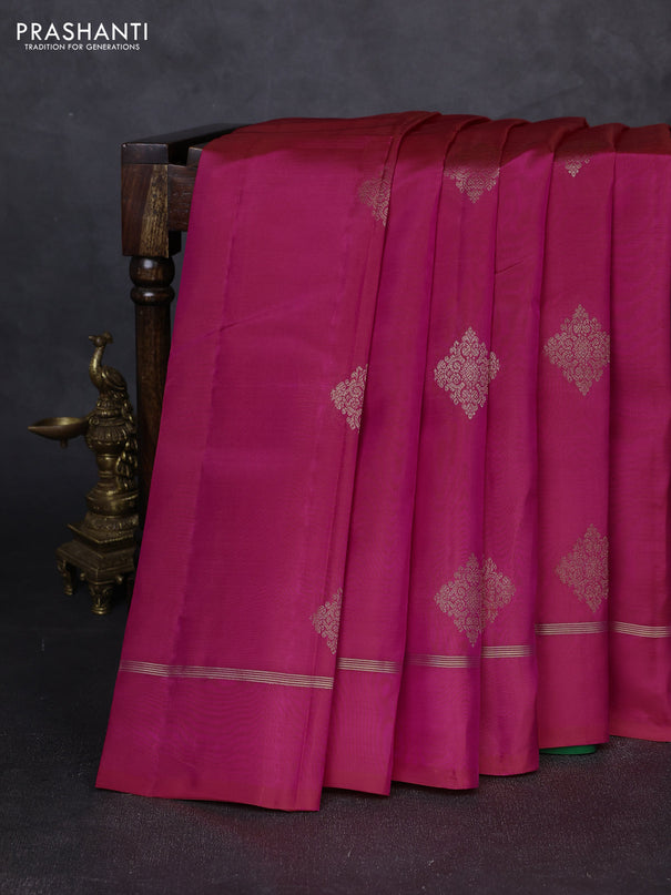 Kanchipuram silk saree pink and green with zari woven buttas in borderless style