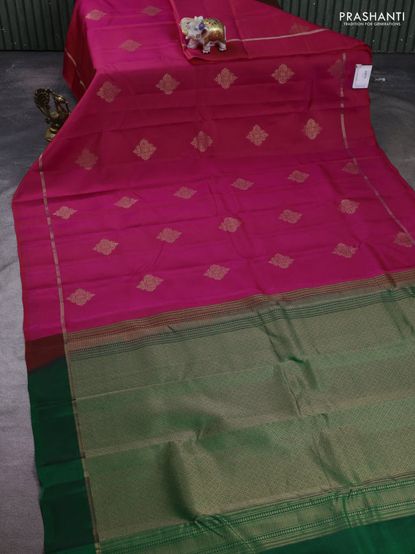 Kanchipuram silk saree pink and green with zari woven buttas in borderless style