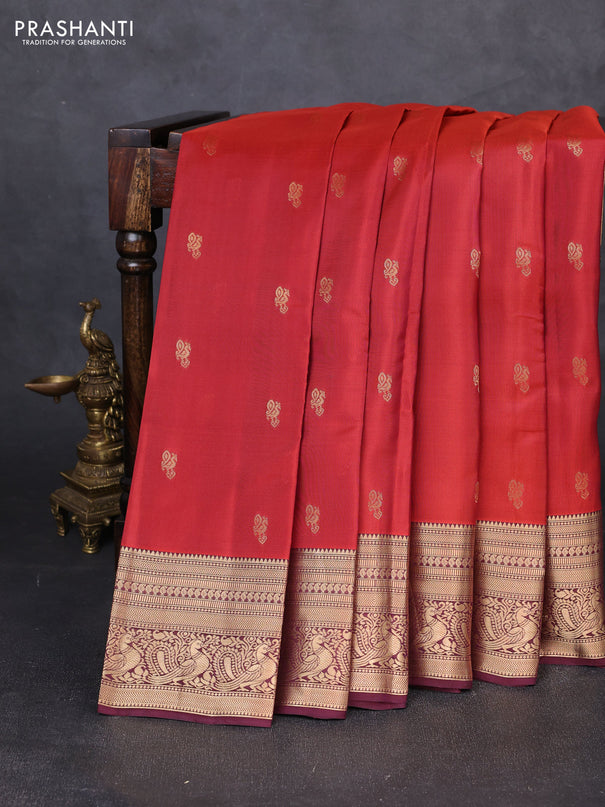 Kanchipuram silk saree rust shade and coffee brown with zari woven buttas and zari woven border