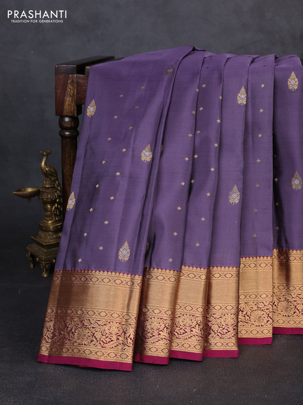 Kanchipuram silk saree pastel purple and magenta pink with allover zari woven buttas and zari woven border