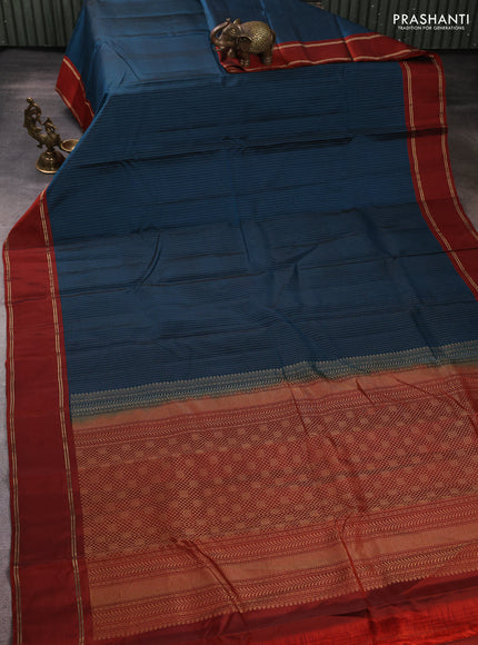 Kanchipuram silk saree peacock blue and maroon with allover zari weaves and rettapet zari woven border