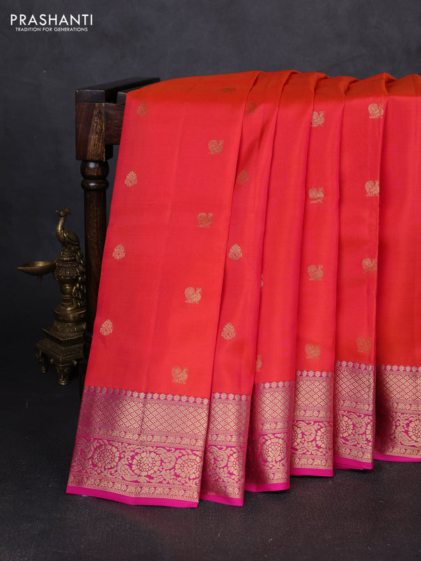 Kanchipuram silk saree dual shade of pinkish orange and pink with zari woven buttas and zari woven border