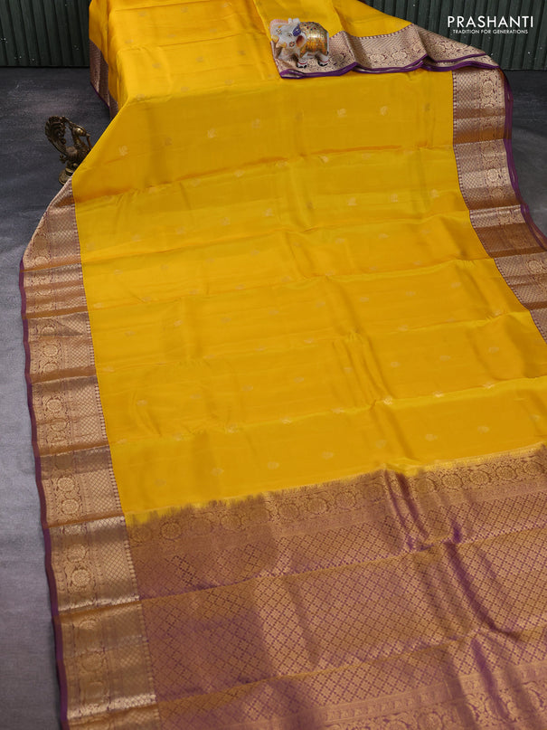 Kanchipuram silk saree yellow and purple with zari woven buttas and zari woven border