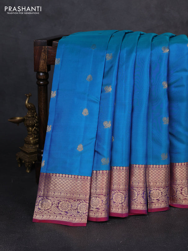 Kanchipuram silk saree cs blue and maroon with allover zari woven buttas and zari woven border
