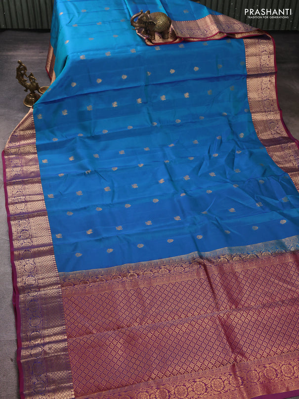 Kanchipuram silk saree cs blue and maroon with allover zari woven buttas and zari woven border