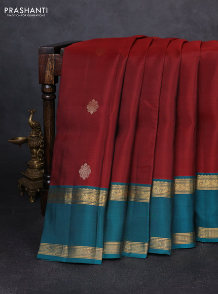 Kanchipuram silk saree maroon and teal green with zari woven buttas and rettapet zari woven border