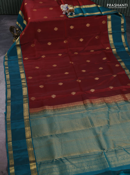 Kanchipuram silk saree maroon and teal green with zari woven buttas and rettapet zari woven border