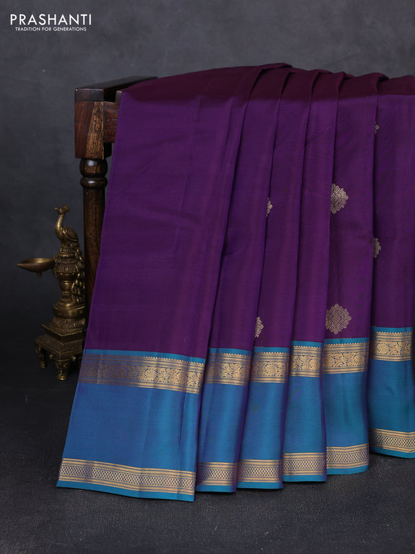 Kanchipuram silk saree purple and teal green with zari woven buttas and rettapet zari woven border
