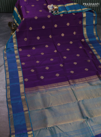 Kanchipuram silk saree purple and teal green with zari woven buttas and rettapet zari woven border
