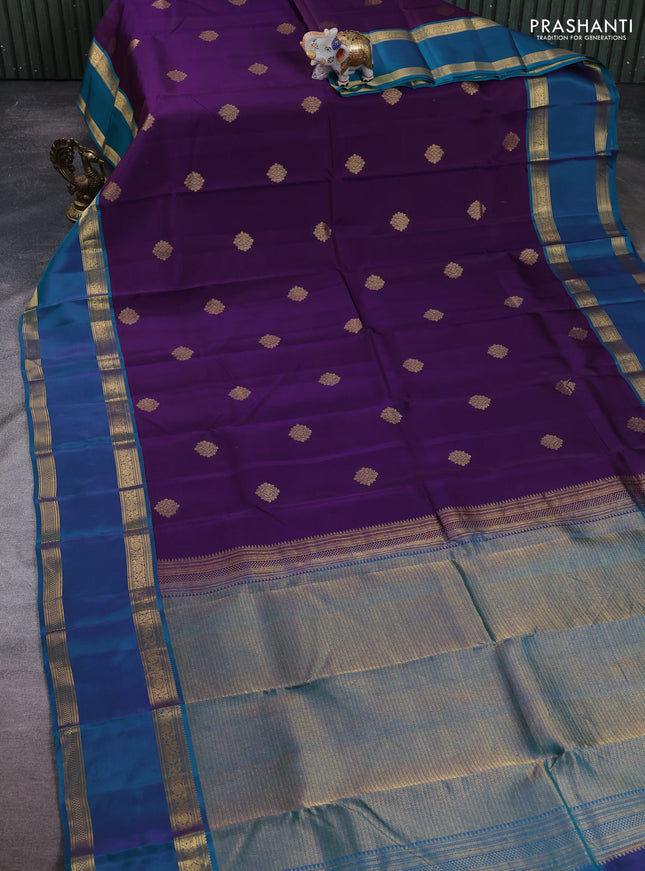 Kanchipuram silk saree purple and teal green with zari woven buttas and rettapet zari woven border
