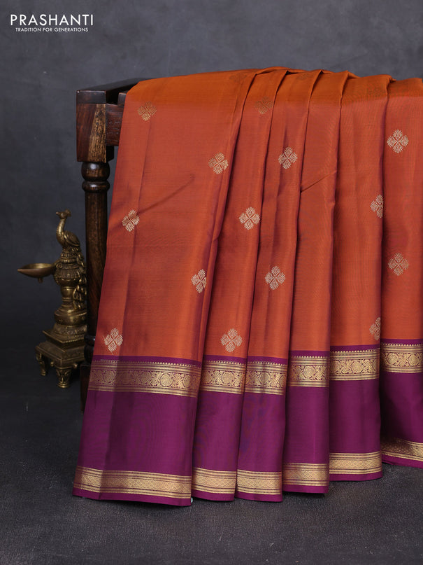 Kanchipuram silk saree rust shade and wine shade with zari woven buttas and rettapet zari woven border