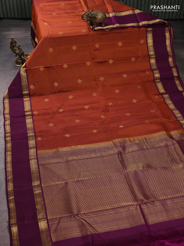 Kanchipuram silk saree rust shade and wine shade with zari woven buttas and rettapet zari woven border