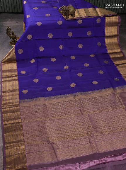 Kanchipuram silk saree blue and pastel purple with zari woven buttas and zari woven border