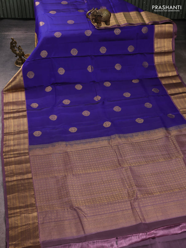 Kanchipuram silk saree blue and pastel purple with zari woven buttas and zari woven border
