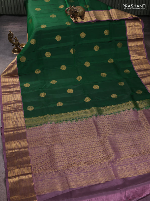 Kanchipuram silk saree green and pastel purple with zari woven buttas and zari woven border