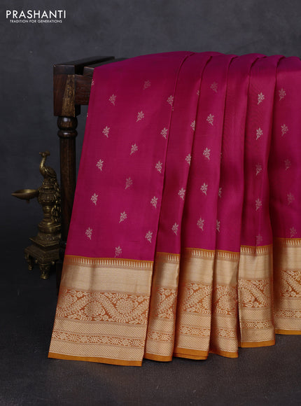 Kanchipuram silk saree pink and mustard yellow with allover zari woven buttas and rich zari woven border