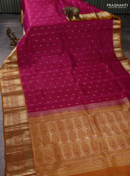Kanchipuram silk saree pink and mustard yellow with allover zari woven buttas and rich zari woven border