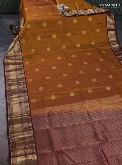 Kanchipuram silk saree mustard yellow and maroon shade with zari woven buttas and rich zari woven border