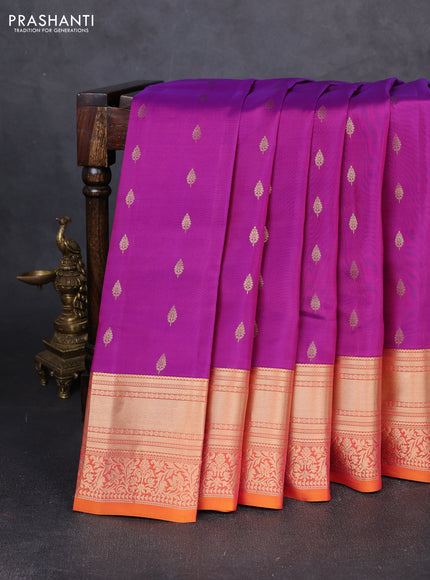 Kanchipuram silk saree purple and sunset orange with allover zari woven buttas and rich zari woven border