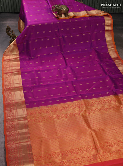 Kanchipuram silk saree purple and sunset orange with allover zari woven buttas and rich zari woven border