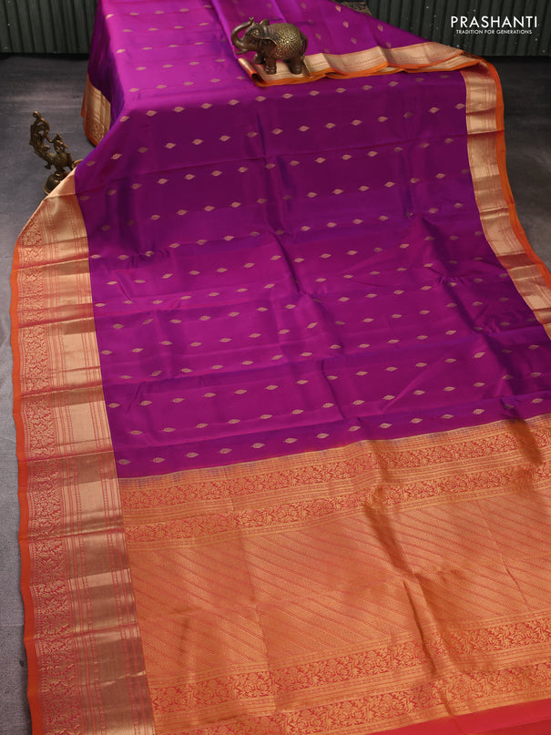 Kanchipuram silk saree purple and sunset orange with allover zari woven buttas and rich zari woven border