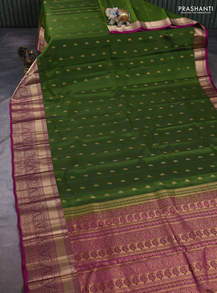 Kanchipuram silk saree mehendi green and magenta pink with allover paisley zari woven buttas and long rich zari woven border
