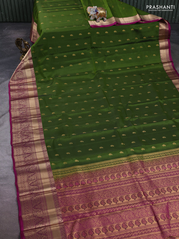 Kanchipuram silk saree mehendi green and magenta pink with allover paisley zari woven buttas and long rich zari woven border