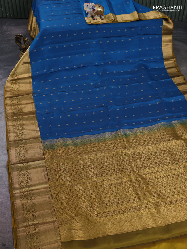 Kanchipuram silk saree cs blue and mustard green with allover zari woven buttas and rich zari woven border