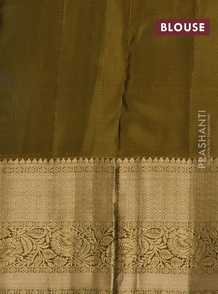 Kanchipuram silk saree cs blue and mustard green with allover zari woven buttas and rich zari woven border