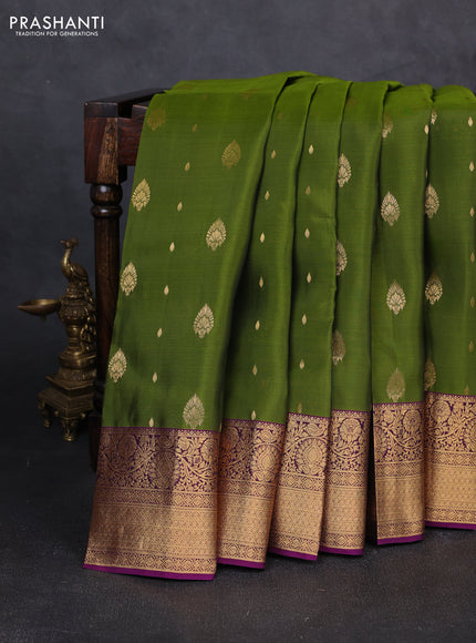 Kanchipuram silk saree mehendi green and purple with allover zari woven buttas and zari woven border