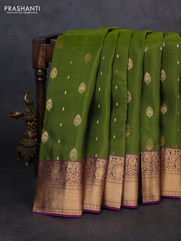 Kanchipuram silk saree mehendi green and purple with allover zari woven buttas and zari woven border