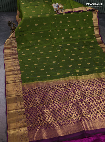 Kanchipuram silk saree mehendi green and purple with allover zari woven buttas and zari woven border