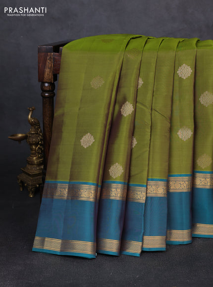Kanchipuram silk saree mehendi green and peacock green with zari woven buttas and rettapet zari woven border
