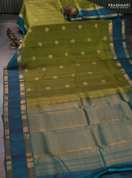 Kanchipuram silk saree mehendi green and peacock green with zari woven buttas and rettapet zari woven border