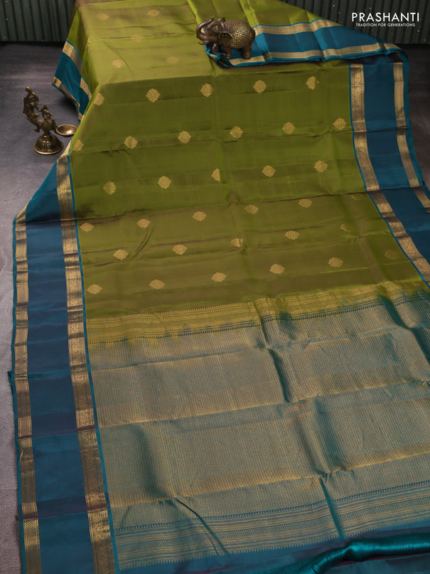 Kanchipuram silk saree mehendi green and peacock green with zari woven buttas and rettapet zari woven border