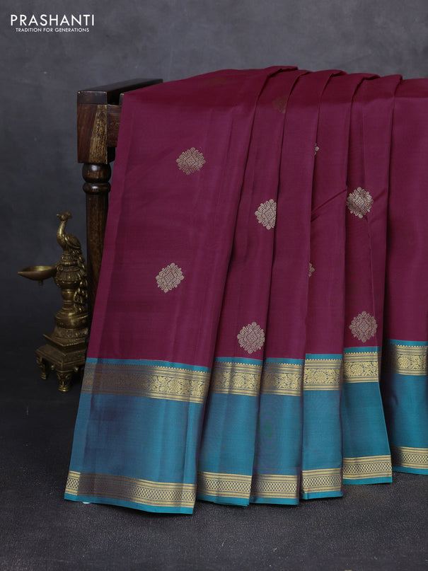 Kanchipuram silk saree maroon and peacock green with zari woven buttas and rettapet zari woven border