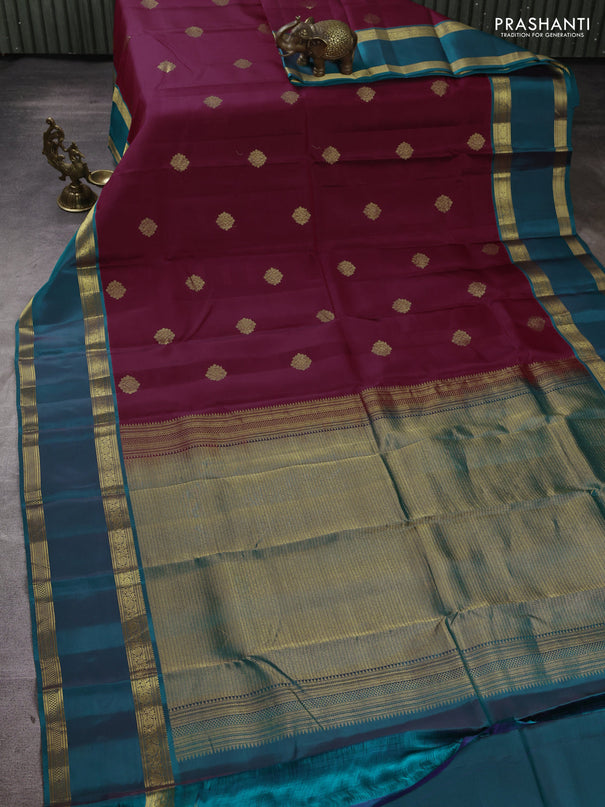 Kanchipuram silk saree maroon and peacock green with zari woven buttas and rettapet zari woven border