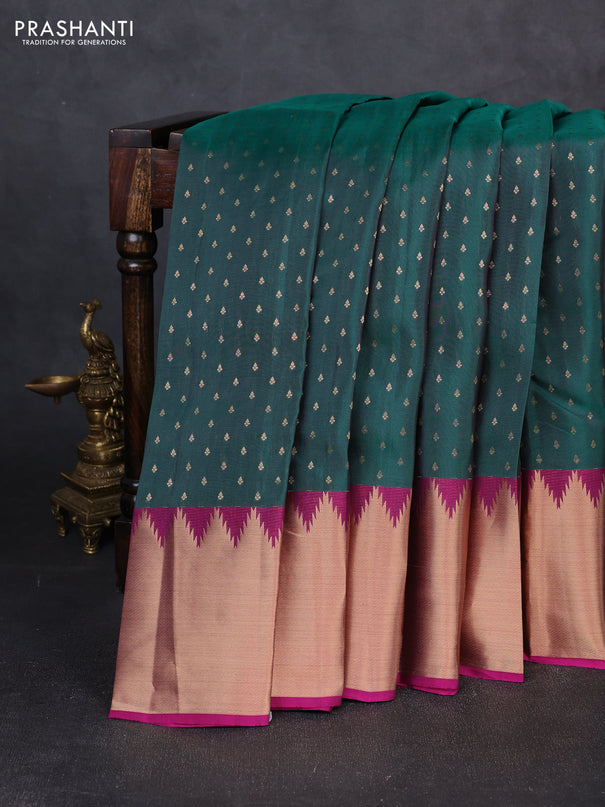 Kanchipuram silk saree green and magenta pink with allover zari woven 1000 buttas and temple design rich zari woven border