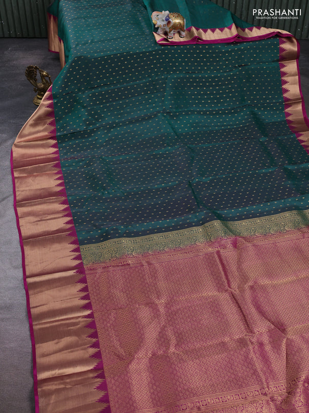 Kanchipuram silk saree green and magenta pink with allover zari woven 1000 buttas and temple design rich zari woven border