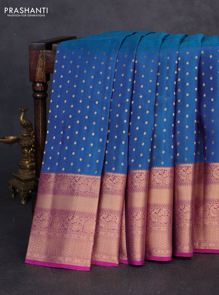 Kanchipuram silk saree peacock blue and magenta pink with allover zari woven 1000 buttas and long rich zari woven border