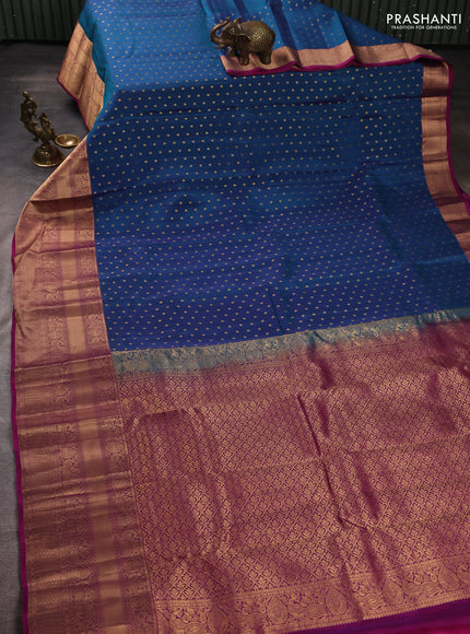 Kanchipuram silk saree peacock blue and magenta pink with allover zari woven 1000 buttas and long rich zari woven border